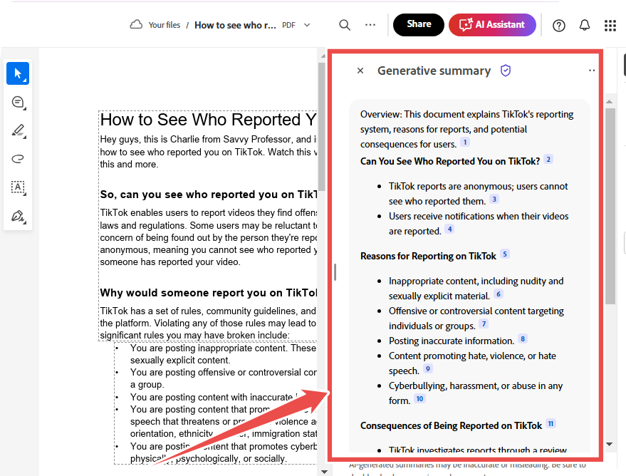 Adobe’s AI Assistant offers generative summaries of documents.