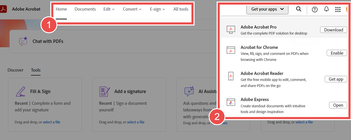 Adobe Acrobat Pro's web interface features a top navigation bar, app selection sidebar, and tools for document management and editing.