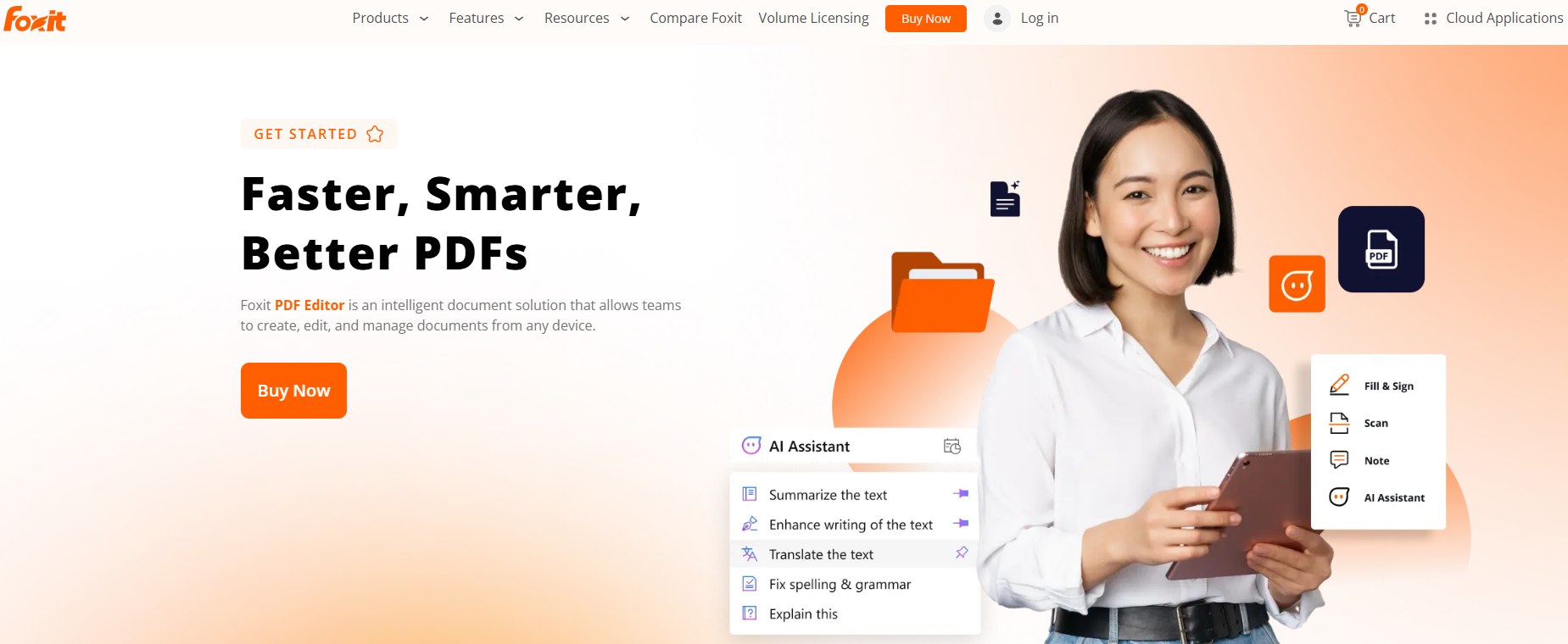 Foxit has a slogan on its homepage: ‘Faster, Smarter, Better PDFs’."