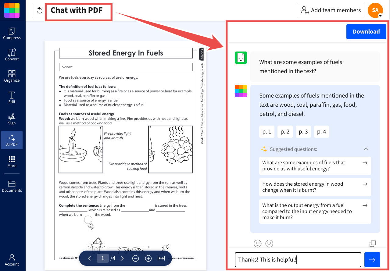 Chat with your PDF documents in Smallpdf with features for asking questions, receiving answers, and downloading the conversation.
